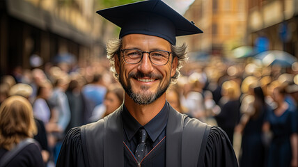 Fototapeta premium Portrait of an elderly man in a graduation gown and with a diploma in his hands outdoors. 