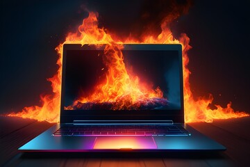 Laptop Inferno: Illustration of a Burning Laptop. Generative AI