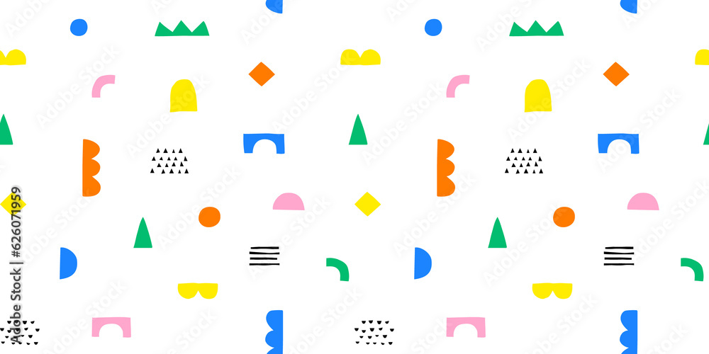 Poster fun colorful geometric shape seamless pattern. creative abstract children style art background for k