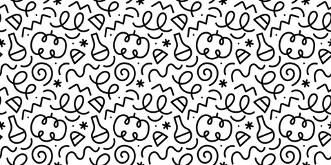 Happy halloween party seamless pattern. Funny cartoon line doodle background illustration of scary autumn celebration decoration in black and white.	
