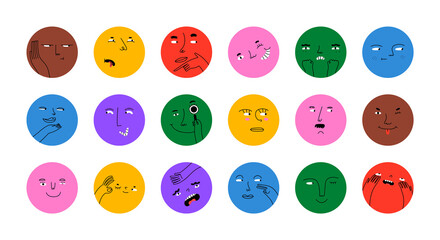 Diverse people face doing funny mood expression and emotion. Colorful avatar design set, modern flat cartoon character collection in simple doodle art style for psychology concept or social reaction.	