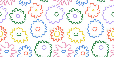 Hand drawn flower doodle seamless pattern illustration. Vintage cartoon drawing style floral background design. Spring nature backdrop texture print with garden flowers.