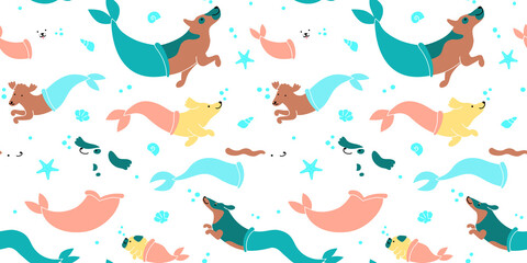 Funny dog mermaid swimming underwater cartoon seamless pattern in flat illustration style. Cute summer puppy pet group in beach background texture. Under water sea dogs wallpaper print.	

