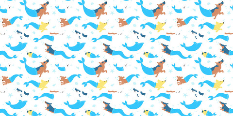 Funny dog mermaid swimming underwater cartoon seamless pattern in flat illustration style. Cute summer puppy pet group in beach background texture. Under water sea dogs wallpaper print.	
