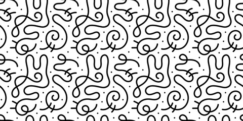 Obraz premium Fun black and white line doodle seamless pattern. Creative abstract squiggle style drawing background for children or trendy design with basic shapes. Simple childish scribble wallpaper print. 