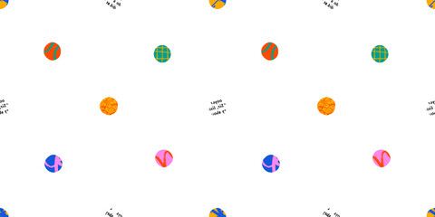 Colorful circle polka dot seamless pattern with collage art texture. Modern contemporary art background, round geometric shape hand drawn print, maximalist graffiti paint wallpaper.