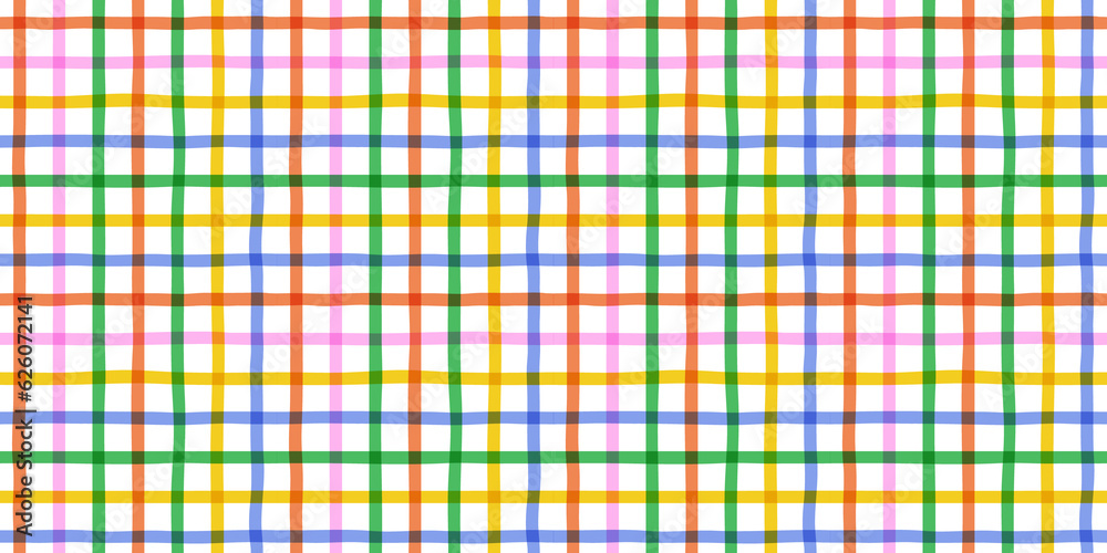 Poster colorful geometric square grid line seamless pattern. retro rainbow gingham style background. abstra