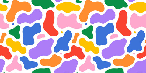Colorful abstract organic shape print seamless pattern illustration in retro style. Trendy primary color background with creative drawing.
