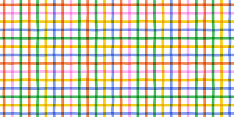 Colorful geometric square grid line seamless pattern. Retro rainbow gingham style background. Abstract tartan fabric  illustration.