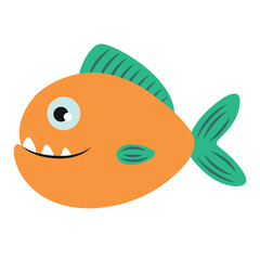 Funny vector fish illustration isolated on white background. Cute orange piranha. Sea cartoon animal. Underwater