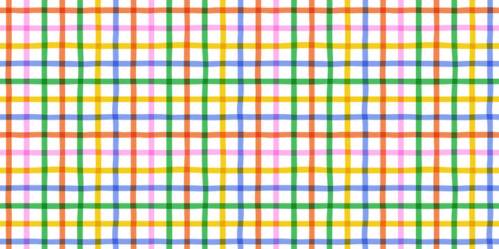 Colorful geometric square grid line seamless pattern. Retro rainbow gingham style background. Abstract tartan fabric  illustration.