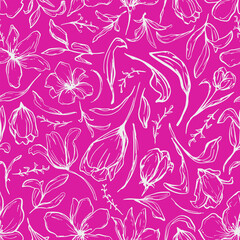 Sketched flowers and leaves seamless repeat pattern. Random placed, hand drawn botany all over surface print on sage green background.