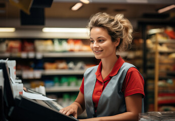 A woman working at a cash register in a store - obrazy, fototapety, plakaty