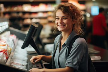 A woman working at a cash register in a store