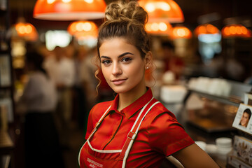 A woman in a red shirt standing in a restaurant