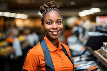 A smiling fruit seller black woman wearing an orange shirt