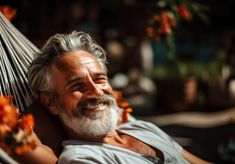 Obraz premium A senior man enjoying a peaceful moment in a hammock