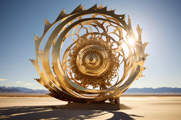 Amidst a desert turned gallery of kinetic wonders, golden gears powered by geothermal energy whirl in harmony, while ethereal bioluminescent algae illuminate the night sky with surreal,cosmic radiance