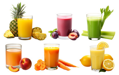Freshly pressed Fruit vegetable juice smoothie with fruits veggie toppings on transparent background cutout. PNG file. Many assorted different flavour. Mockup template for artwork design - obrazy, fototapety, plakaty