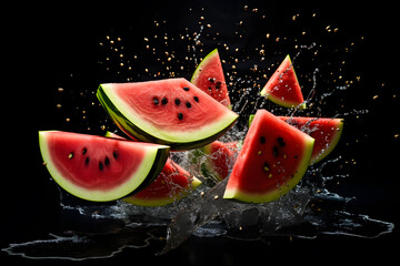 Cut watermelons are flying in splash water black background