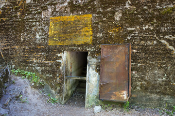 Ketrzyn, Gierloz, Poland - May 31, 2023: Entry to former Hitler's command bunker in bunker complex Wolfs liar in a forest in Poland