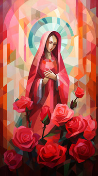 Imagem Virgen De Guadalupe rosas vermelhas claras brilhantes, no estilo da iconografia religiosa, cubismo colorido suave