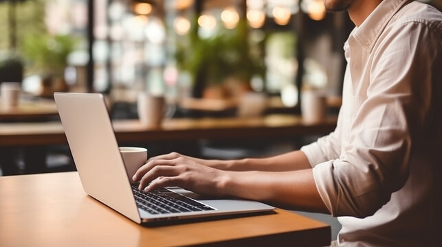 Jovem usando computador port&aacute;til com tela de maquete vazia em branco. Homem de neg&oacute;cios trabalhando em casa. Freelance, estilo de vida estudantil, e-learning, compras online, site, tecnologia