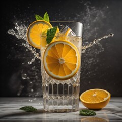 A Glass of fresh lemonade with ice and mint 