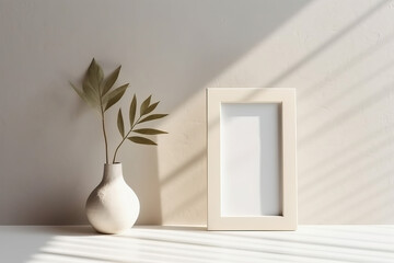 Fototapeta na wymiar Photo of a white vase with a plant and picture frame, adding a touch of nature to your interior decor