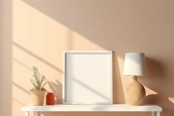 Photo of a minimalist white shelf with a stylish lamp and a framed artwork