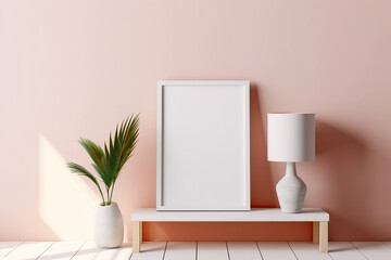 Photo of a picture frame and lamp sitting on a shelf in a well-lit room
