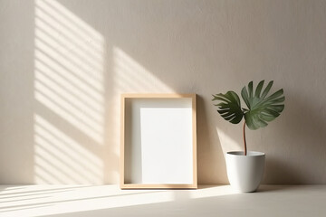 Photo of a potted plant next to a picture frame on a shelf