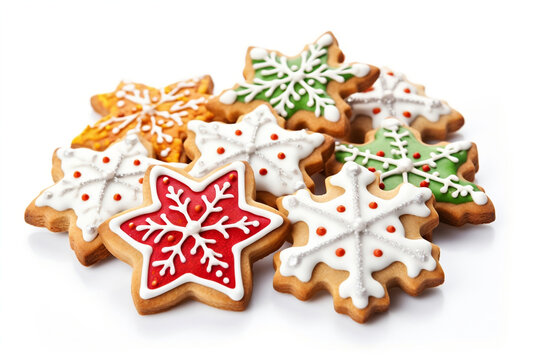 Christmas gingerbread on the white background. Horizontal top view background. High quality photo. Generative AI.
