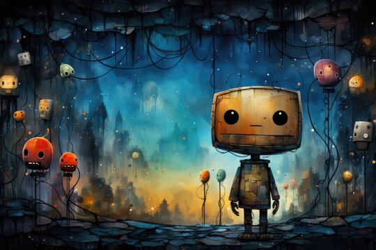 Cartoon scene with robot in the night city - illustration for children. Halloween background with creepy pumpkins and happy robot. Created with generative ai