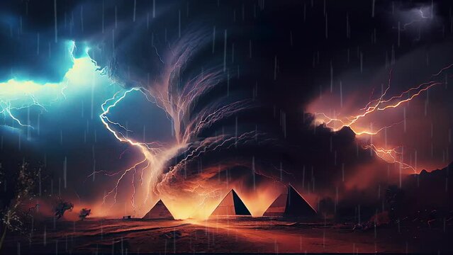 Power storm and lightning on the pyramid in Egypt, Infinity Loop Video. artwork