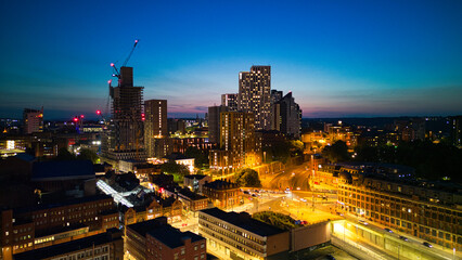 Fototapeta na wymiar Unique photo of Leeds during the nighttime taken with a drone