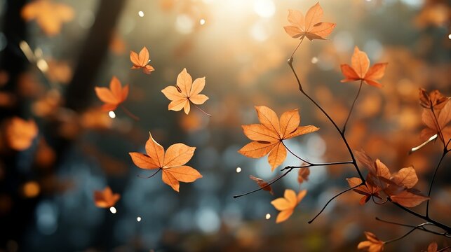 autumn leaves falling from the tree in the forest bokeh background, with space for copy, banner - generative ai