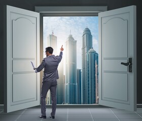 Businessman entering big large door