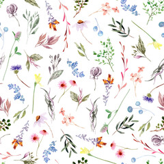 Colorful Scattered Wildflowers Seamless Repeat Pattern 