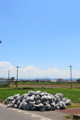 河川土手の除草　ゴミ袋の山