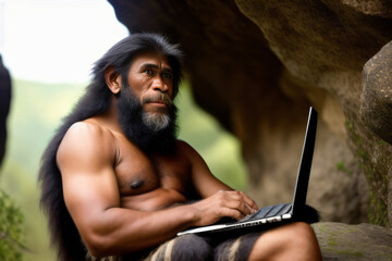 Set in cave, a prehistoric person using a laptop, emphasizing the advancement of human civilization. Past, Present, Technology concept.