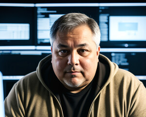 Portrait of middle aged hacker man in front of glowing screens. Creativity, innovation, collaboration concept.