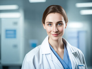 Fototapeta premium Positive female doctor in the laboratory. Care, science, female concept.