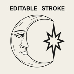 Crescent moon with face in profile. Moon is holding star. Vector illustration with editable storke. Mythological fairytale character, alchemy and astrology symbol.