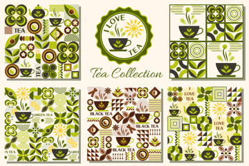 Set of tea themed patterns with icons, design elements in simple geometric style. Seamless background with abstract shapes. Good for branding, decoration of food package, cover design, textile prints