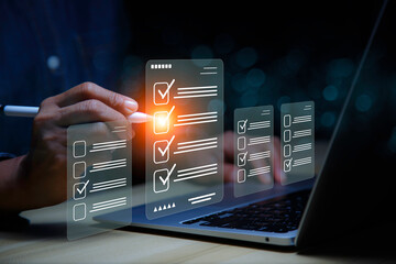 Checklist Online Documentation data Management. Businessman using digital check sheet and checklist...