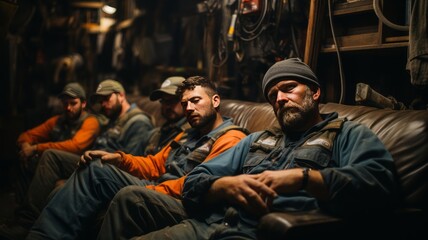 Fototapeta premium several employees of a workshop resting at night, labor day