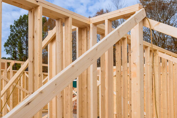 During construction phase there are support beams built wooden frame is being developed for new house
