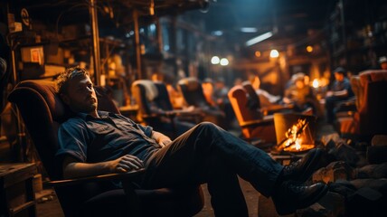 several employees of a workshop resting at night, labor day