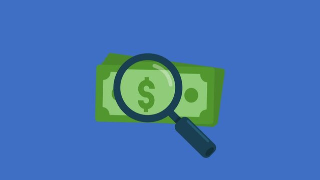 Animated magnifying glass checking money for authenticity. Scanning money with magnifying glass animation
